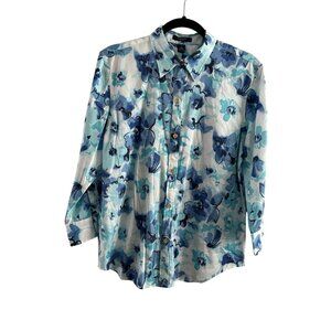 Chaps At the Seashore Womn L White/Blue Floral 3/4 Sleeve Gold Button Blouse NWT